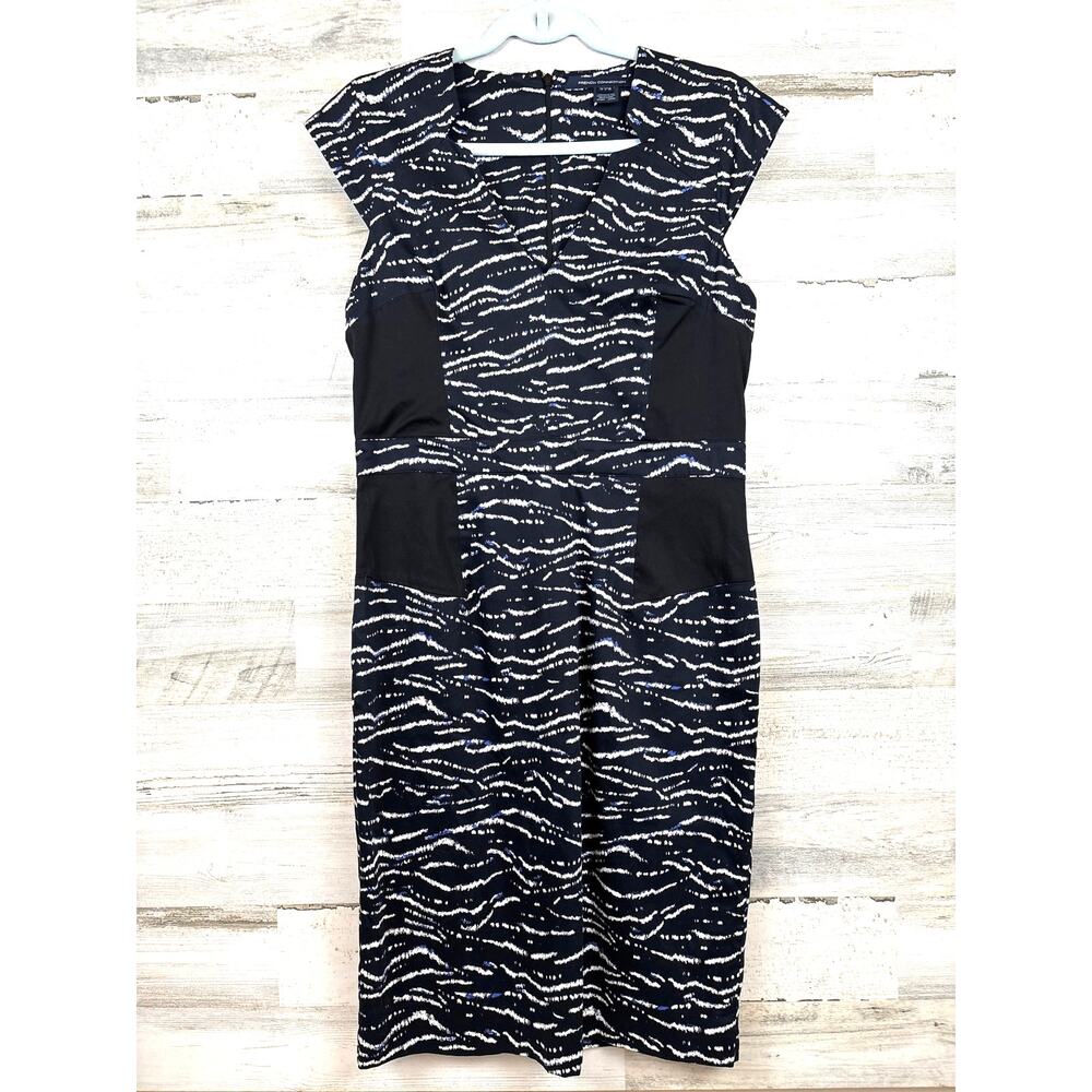 French Connection Womens 10 Black White Midi Dress Short Sleeve Chic